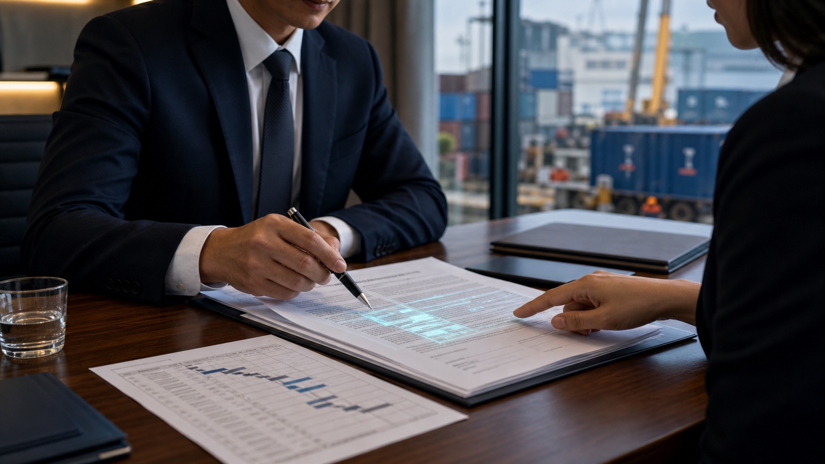 Banker and corporate client reviewing a commercial contract and project schedule