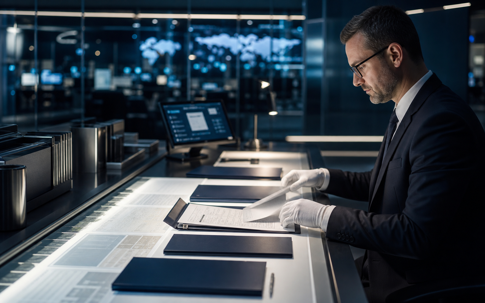 Specialist reviewing bank instrument documentation in a secure operations environment