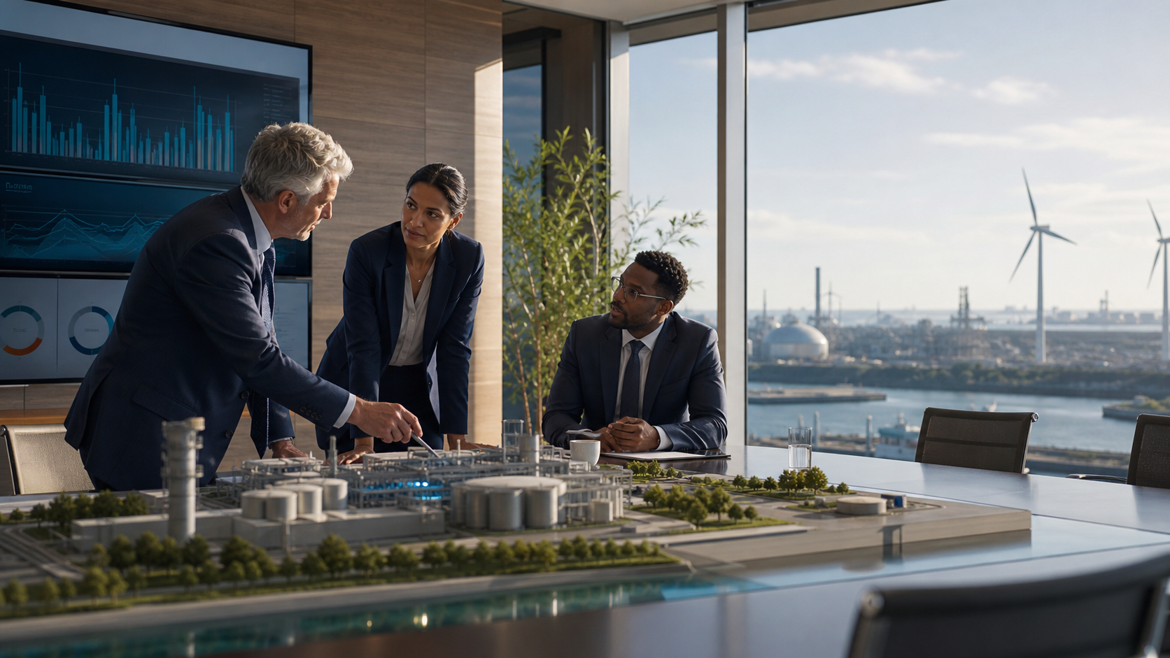 Corporate finance specialists reviewing an infrastructure project and financial strategy