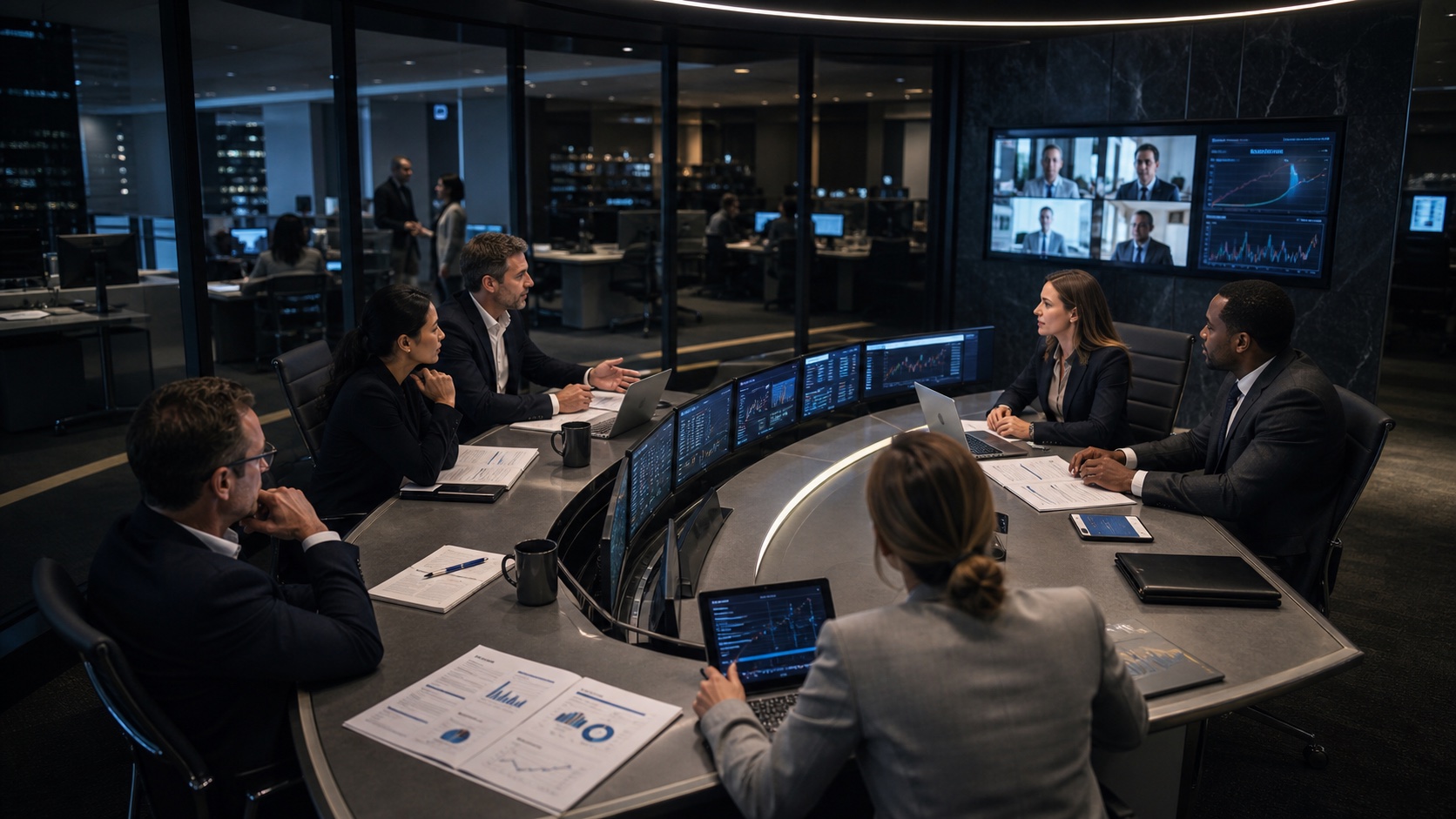 Institutional investors and banking specialists coordinating a multi-asset mandate