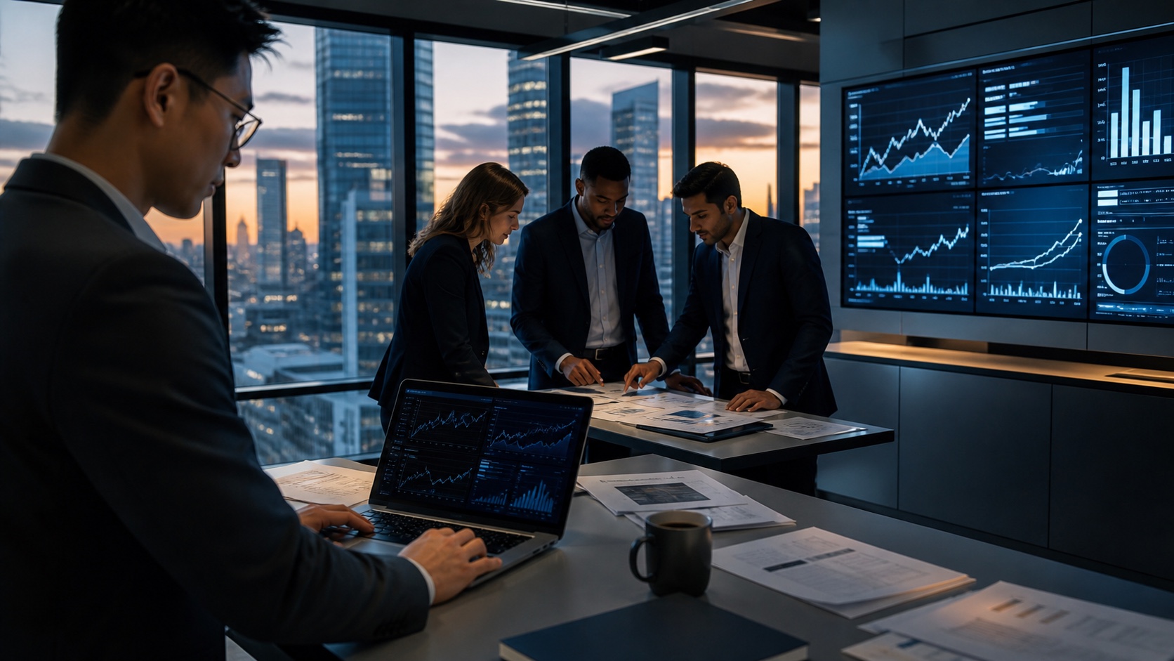 Investment banking team coordinating transaction analysis and execution on a modern deal floor
