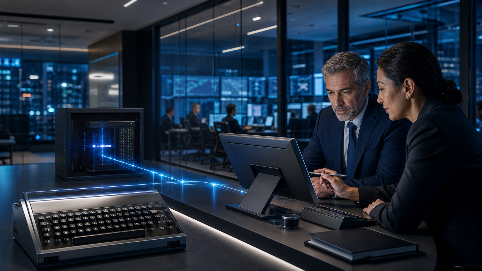 Banking specialists coordinating secure KTT interbank communications in a modern operations suite