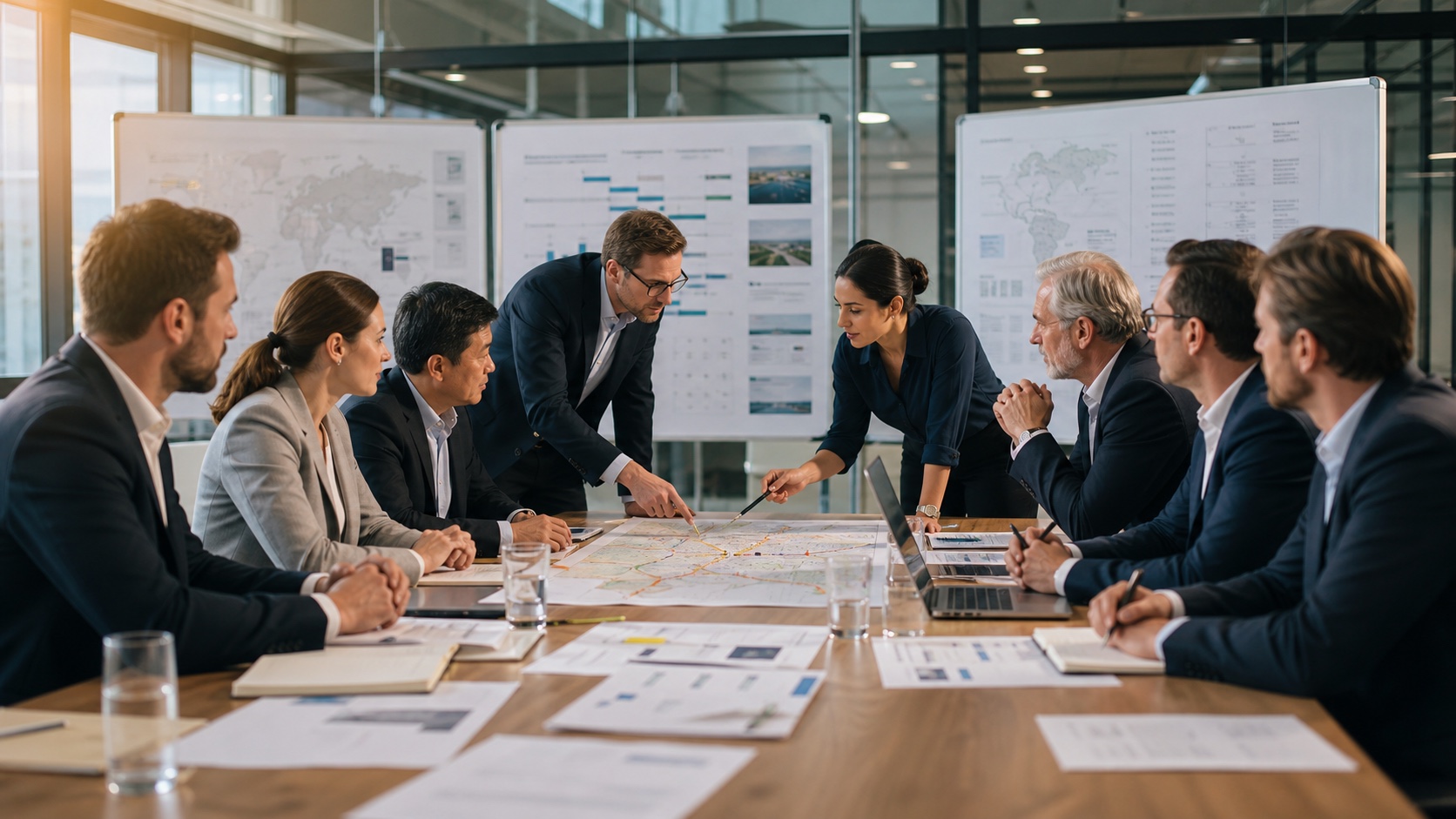 Two merger advisory teams reviewing due diligence information around a shared table