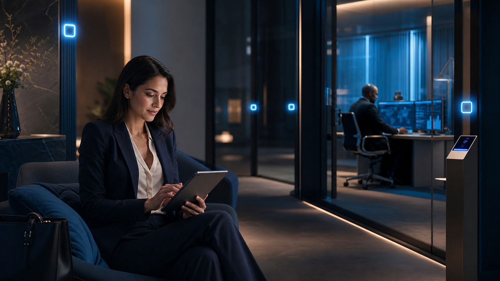 Applicant completing a secure digital account application while a banking specialist performs the review