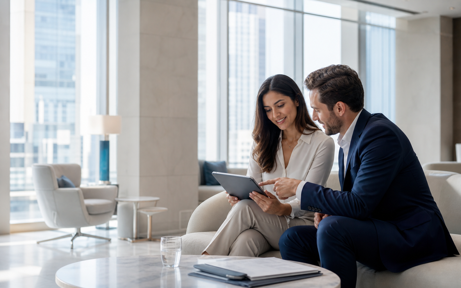 Personal banking client reviewing a digital account application with an adviser