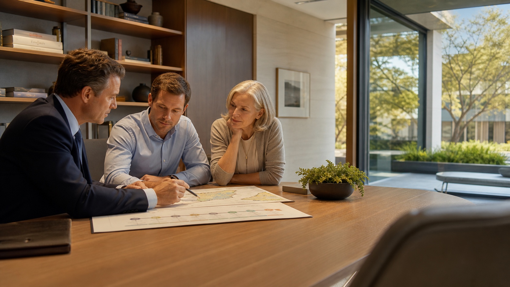 Private banking adviser meeting a family in a refined library setting