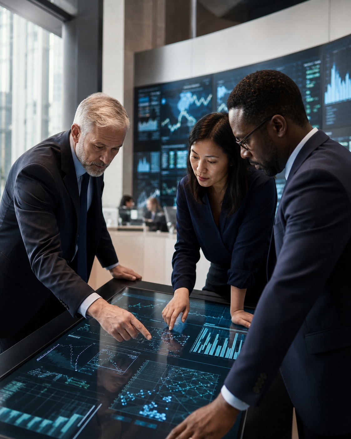 Prominence Bank specialists collaborating in a modern international banking environment