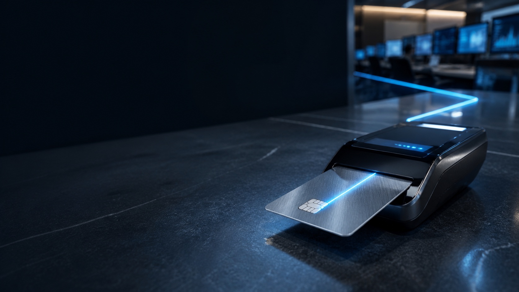 Modern business payment interface connected to card processing and bank settlement records