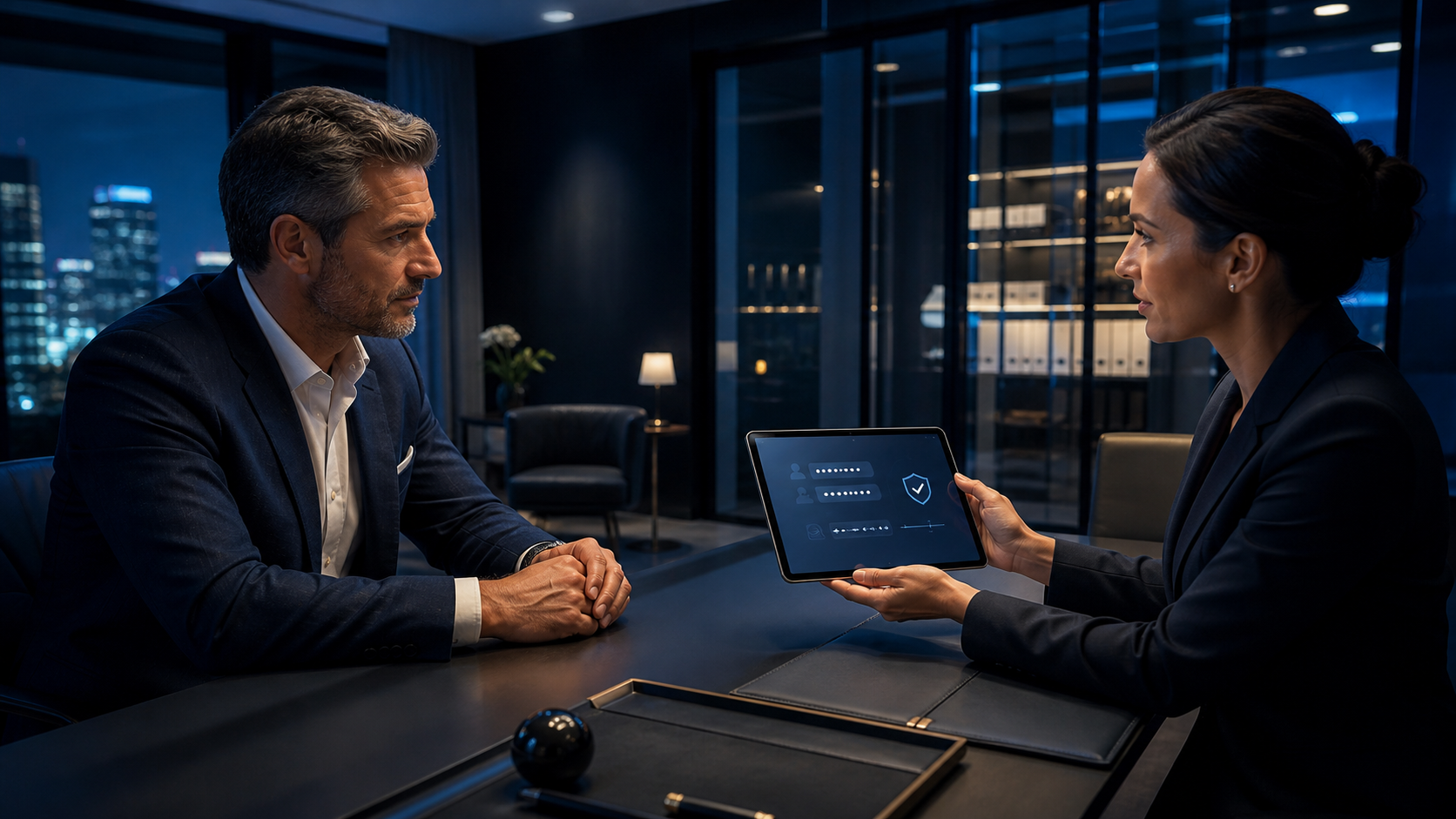 Private client reviewing a secure numbered-account relationship with an authorized banker