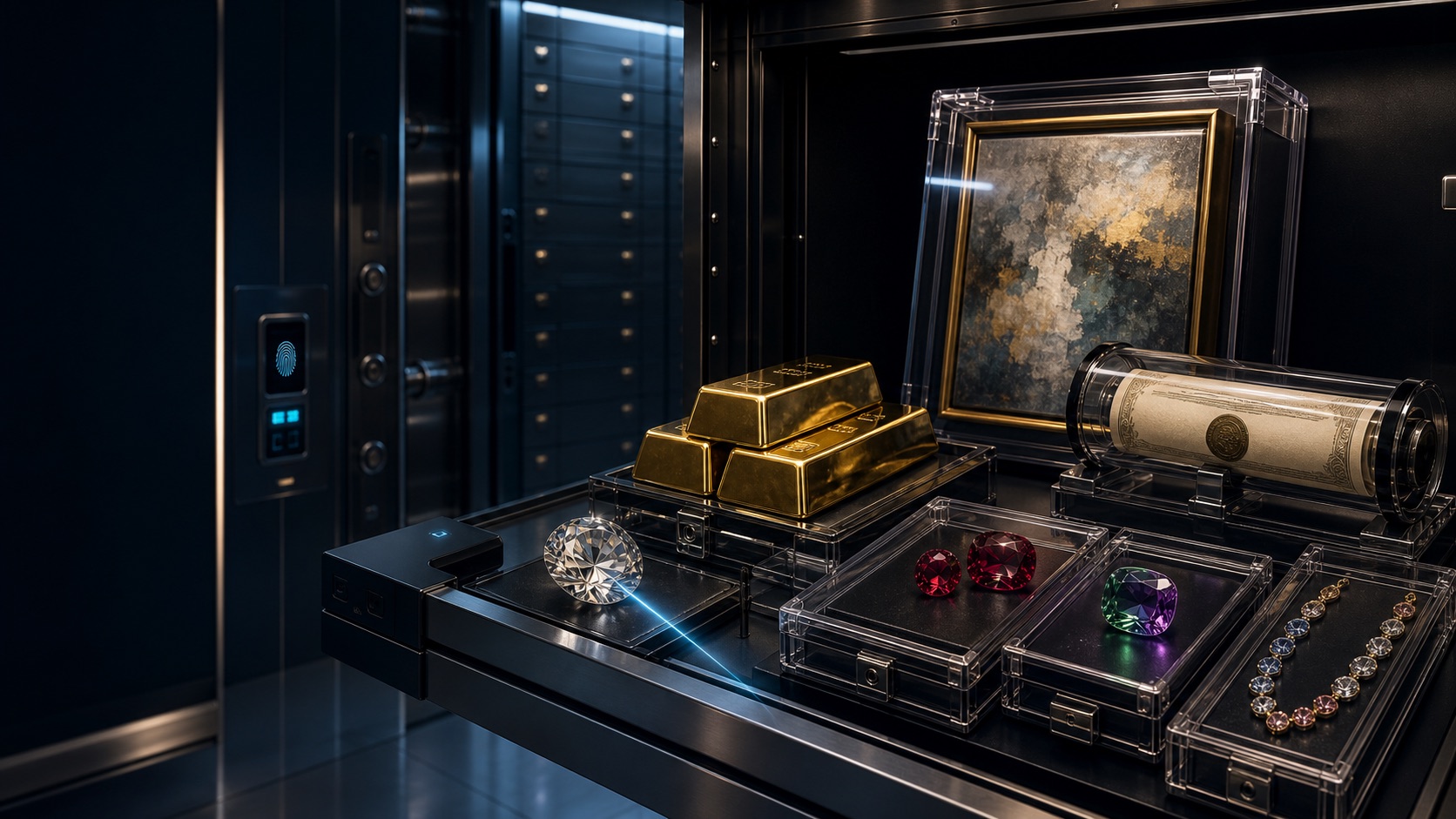 Secure bank custody collection with fine art, diamonds, rubies, colored gemstones, gold, jewelry and ownership documents