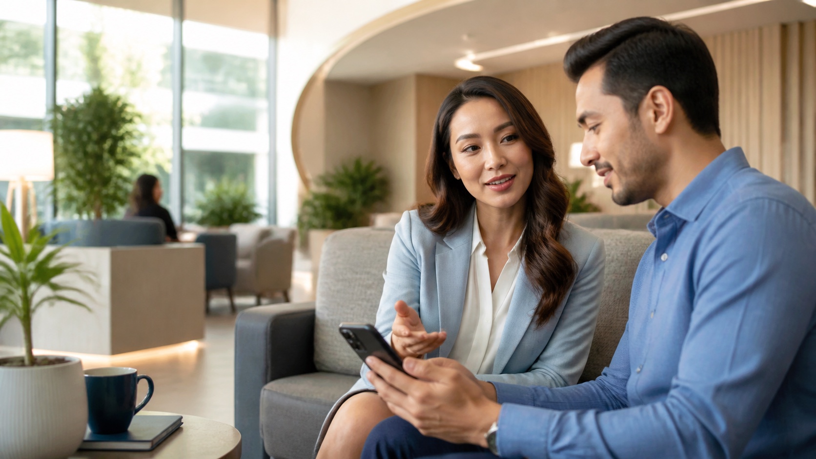 Client using modern mobile banking while speaking with a Prominence Bank advisor