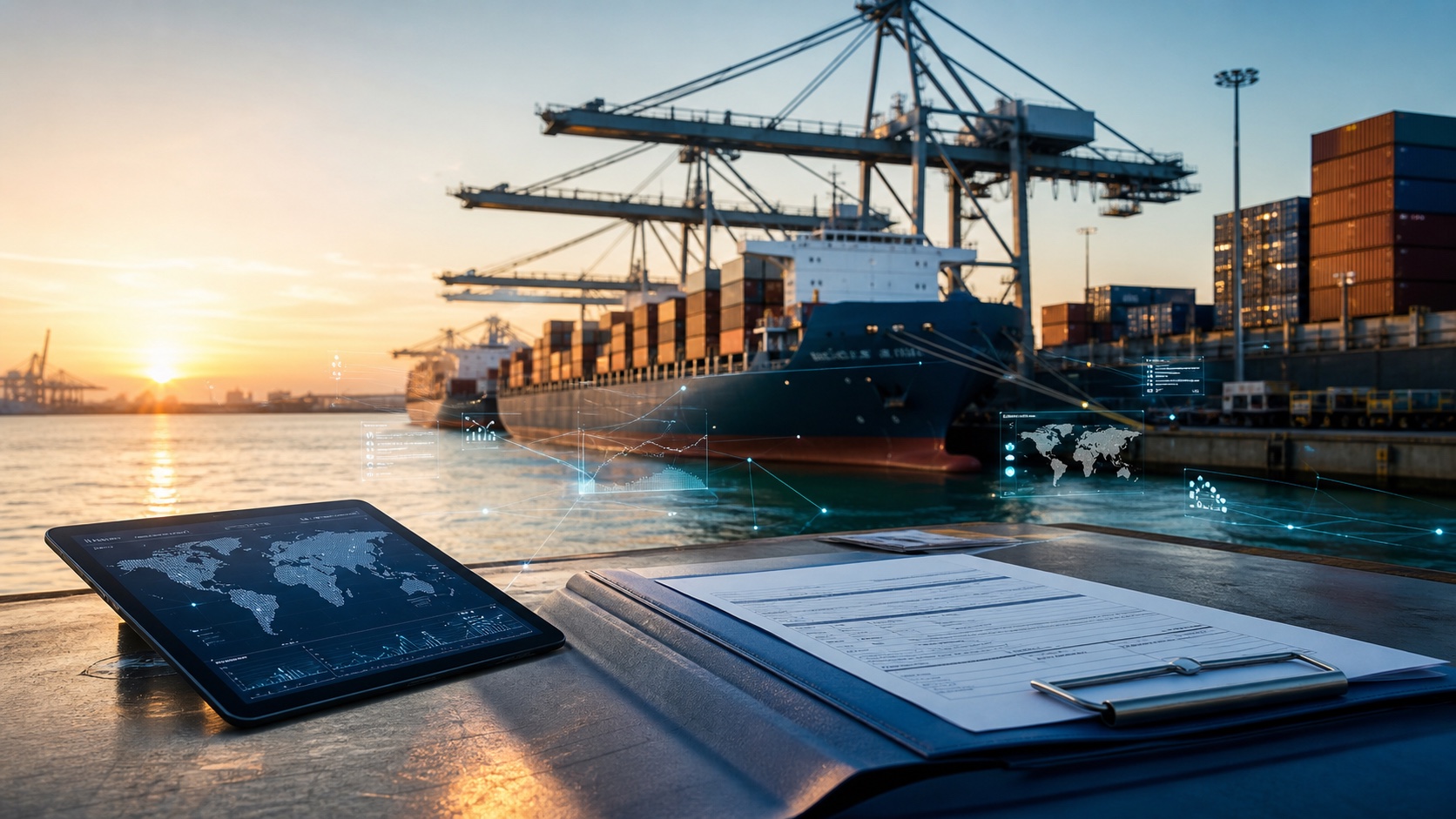 Trade finance specialists reviewing shipment documents beside a modern international port