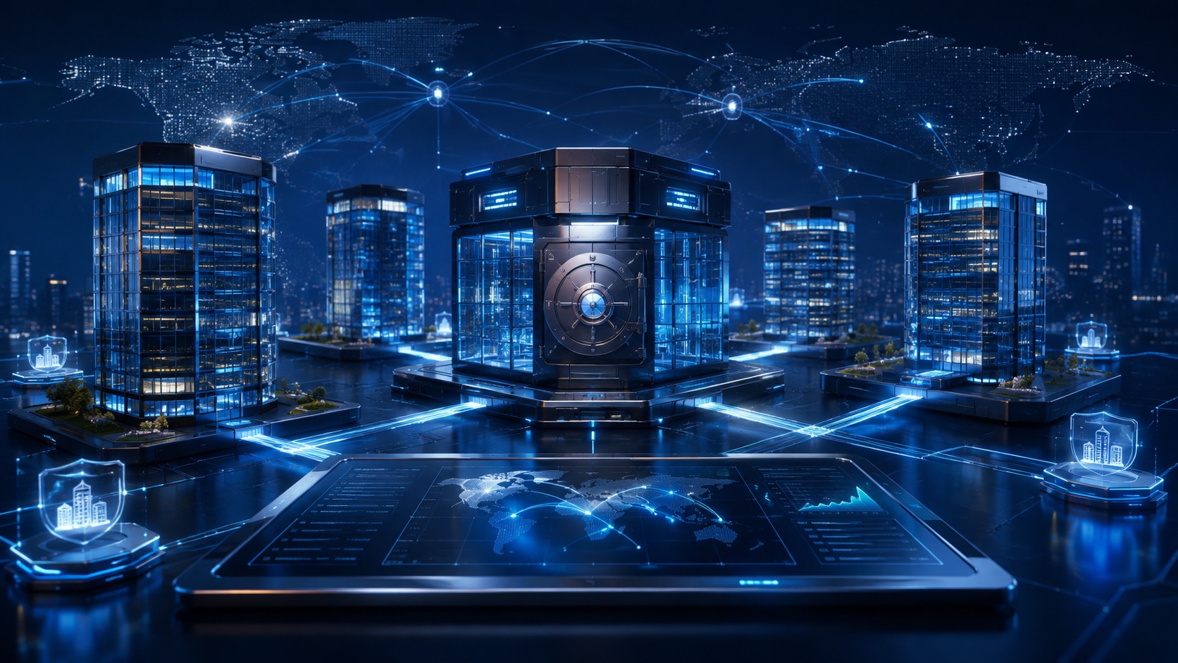 Futuristic corporate banking and treasury hub connecting international businesses