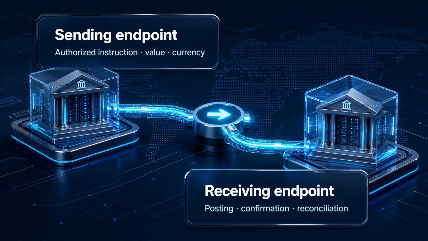 Sending endpoint: Authorized instruction · value · currency. Receiving endpoint: Posting · confirmation · reconciliation.