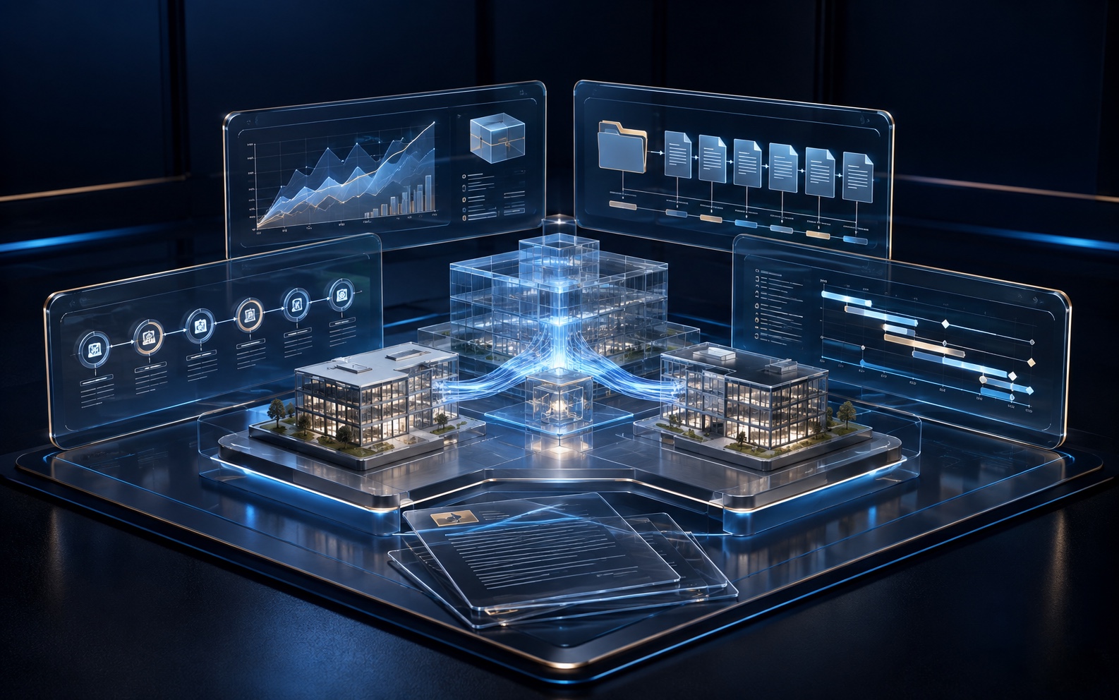 Conceptual M&A due-diligence workspace connecting two companies with valuation, document review, transaction milestones and integration planning.