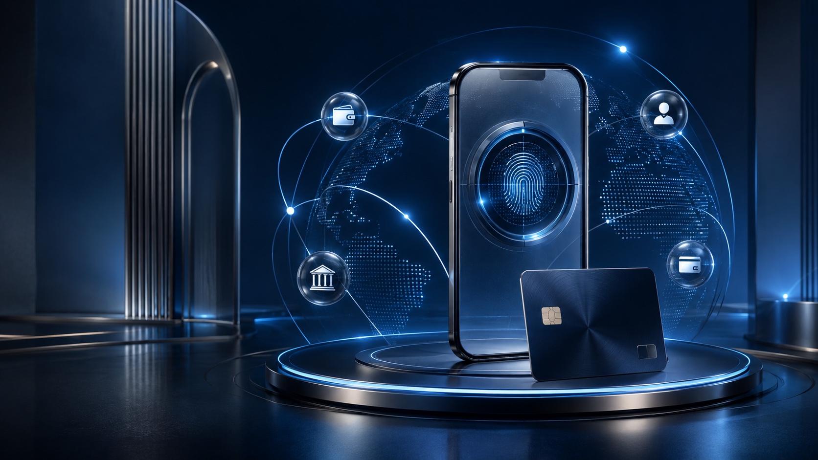 Futuristic personal digital banking with a secure mobile account and global connections