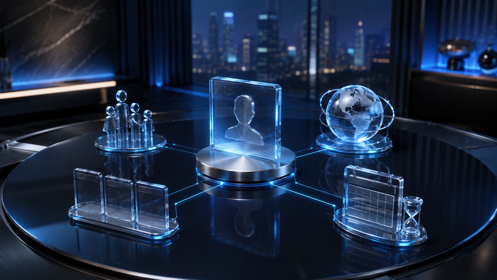 Modern private banking relationship model connecting a central client profile with family needs, international banking, account records and ongoing reviews.