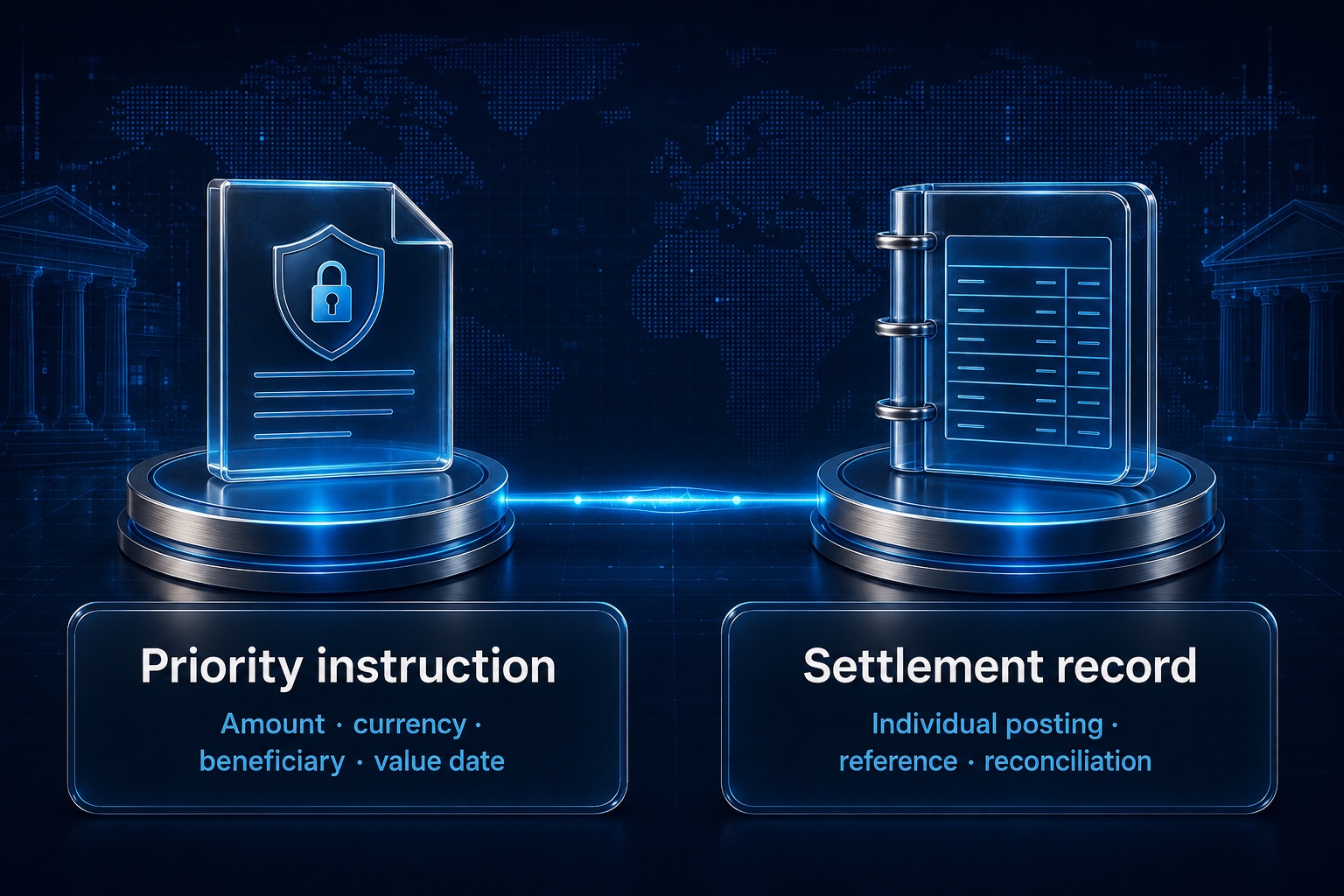 Priority instruction: Amount · currency · beneficiary · value date. Settlement record: Individual posting · reference · reconciliation.