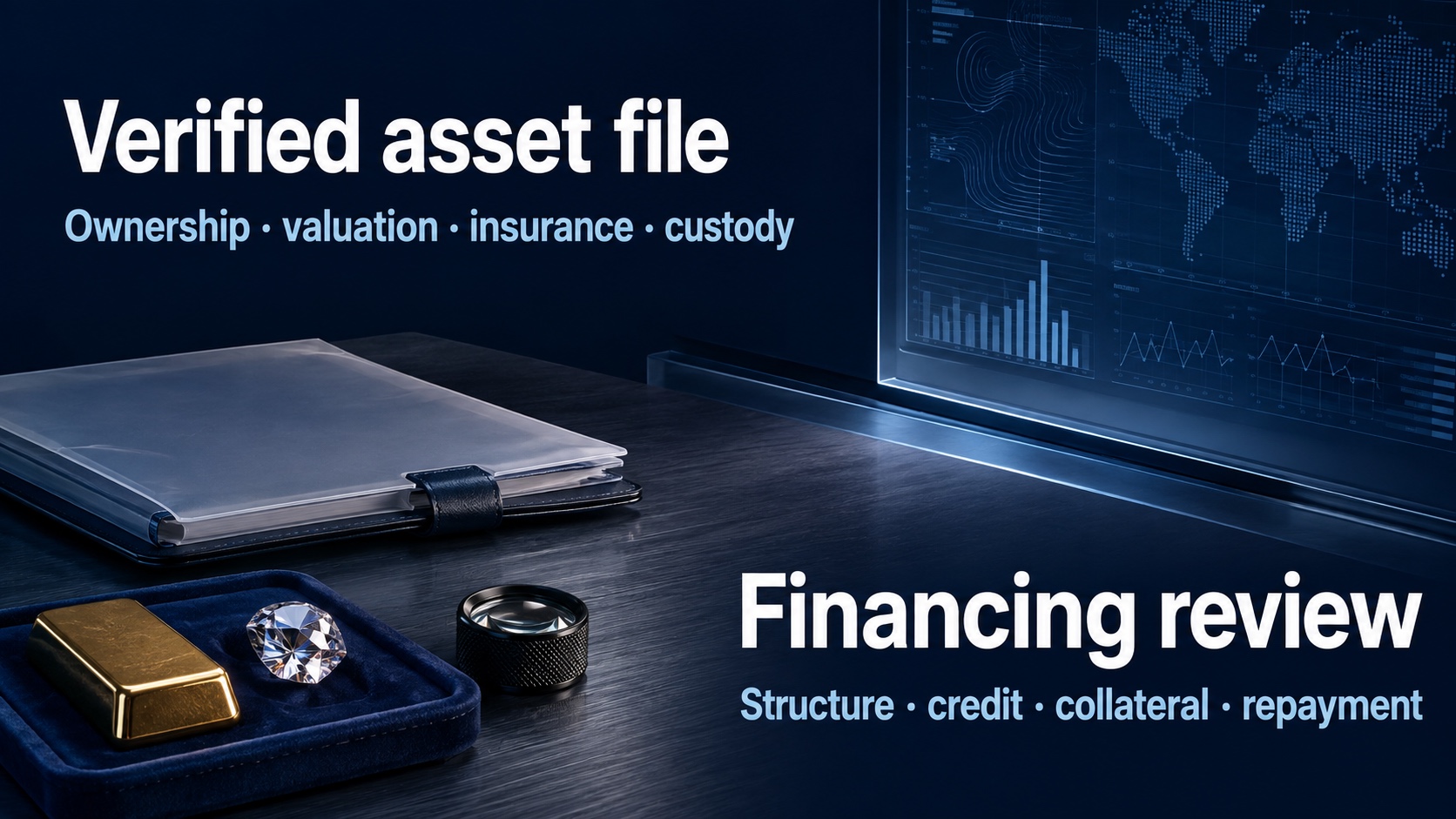 Verified asset file: Ownership · valuation · insurance · custody. Financing review: Structure · credit · collateral · repayment.