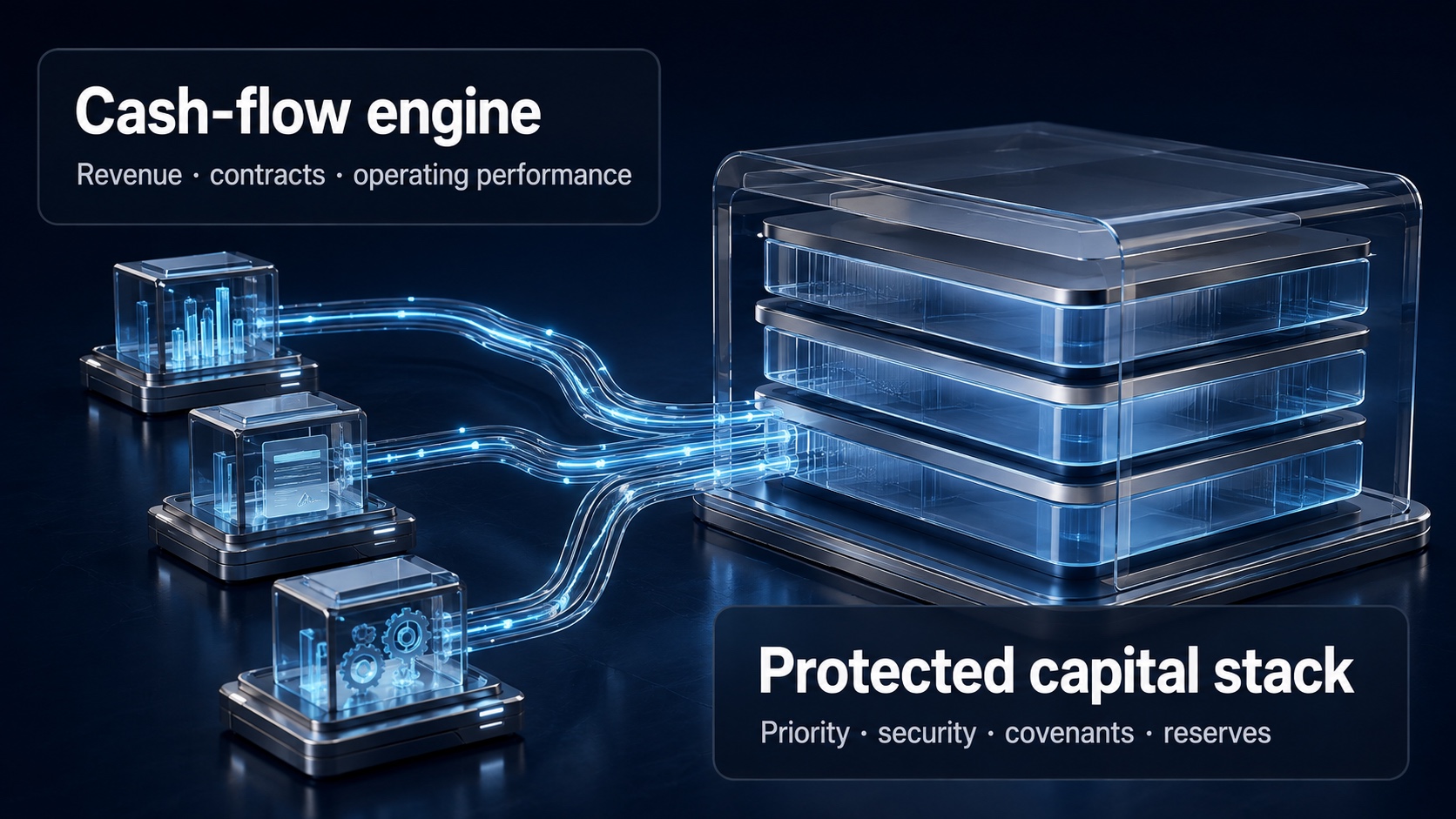 Cash-flow engine: Revenue · contracts · operating performance. Protected capital stack: Priority · security · covenants · reserves.