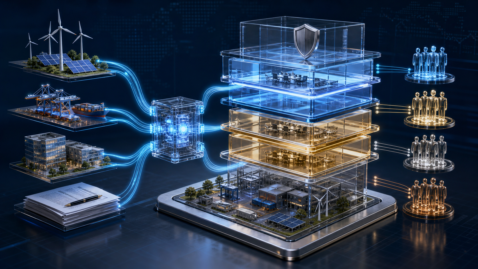 Structured finance architecture connecting renewable energy, logistics, real estate and contracts to a layered capital stack and multiple stakeholders