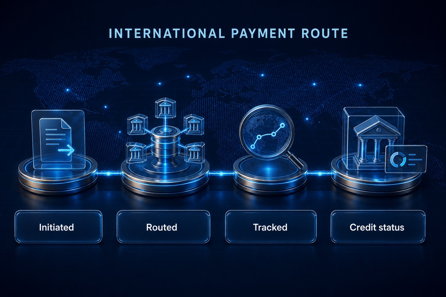 International payment route: Initiated, Routed, Tracked, Credit status.
