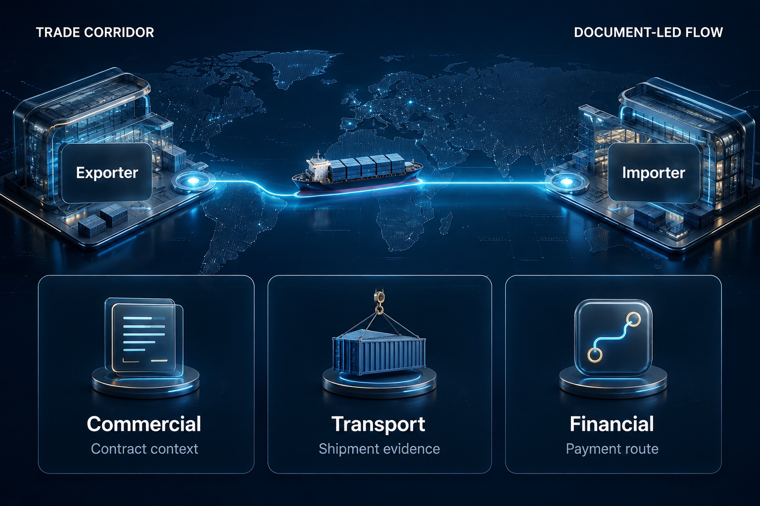 TRADE CORRIDOR — DOCUMENT-LED FLOW. Exporter · Importer. Commercial: Contract context. Transport: Shipment evidence. Financial: Payment route.